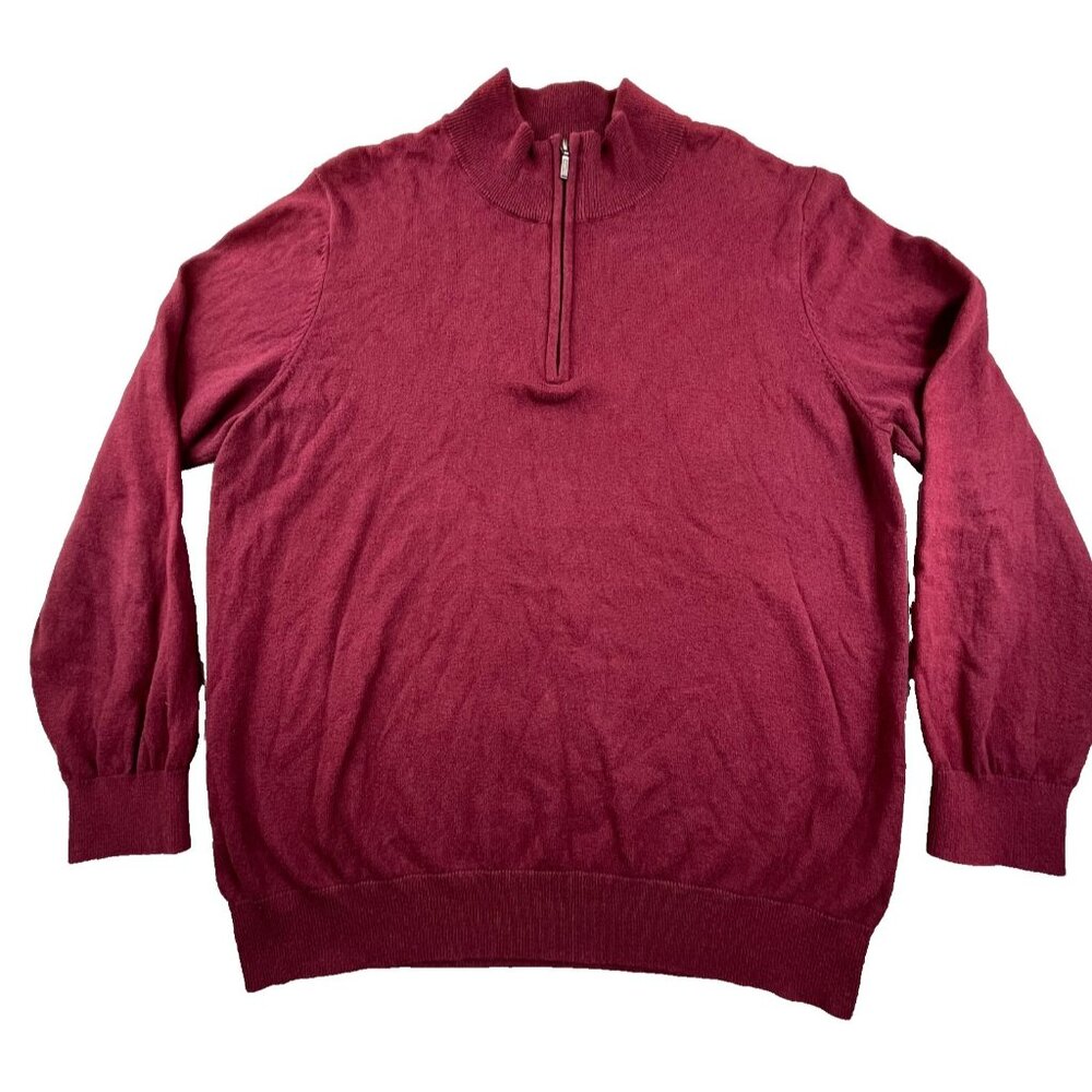 L.L.Bean Sweater Men XL Burgundy 1/4 Zip Cotton Cashmere Pullover Soft Knit Warm